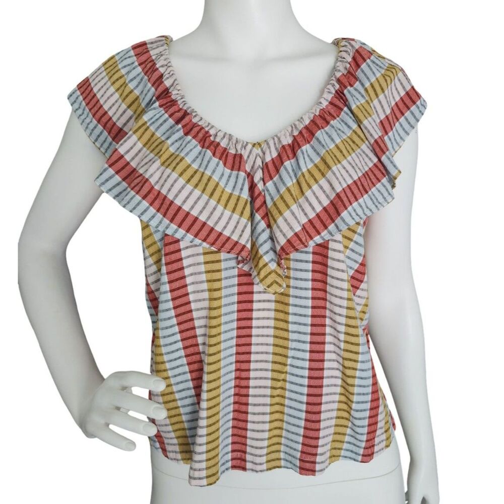 LOFT Striped Ruffle Off the Shoulder Blouse Multi Color Plaid Top